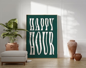 Happy Hour Print, Teal Bar Cart Wall Art, Modern Cocktail Decor (Digital Download)