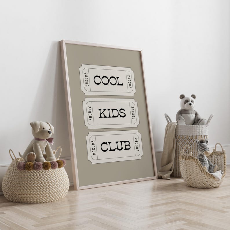 Typography wall art featuring three stacked ticket style designs with the words “Cool Kids Club” in bold black lettering on a neutral taupe background. Minimalist modern graphic print with a playful, retro inspired feel. This listing is for a digital download only. No physical print or frame included.