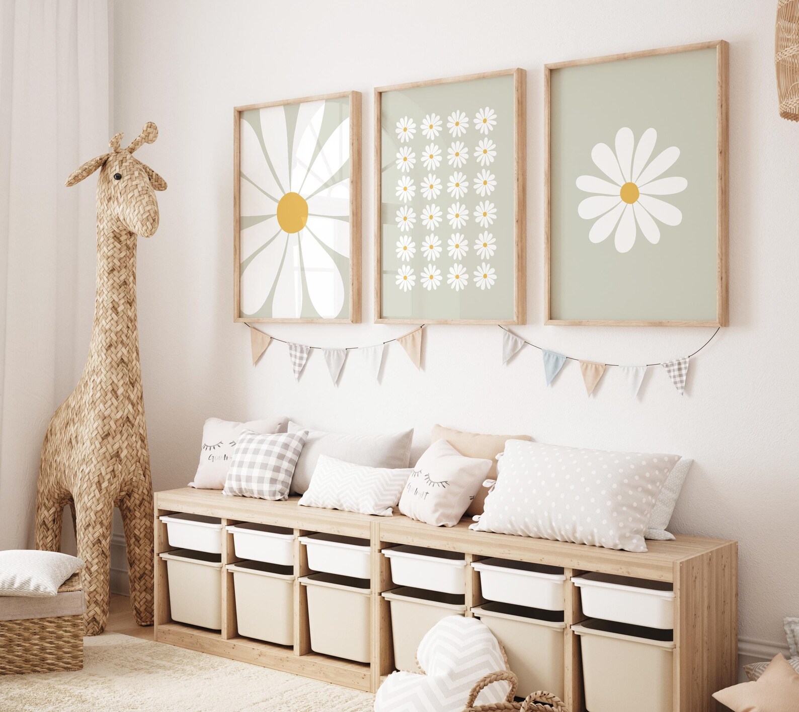 Daisy Print Set of 3, Daisy Wall Art, Nursery Prints, Set of 3 Sage ...
