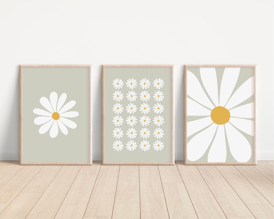 Daisy Print Set of 3, Daisy Wall Art, Nursery Prints, Set of 3 Sage ...