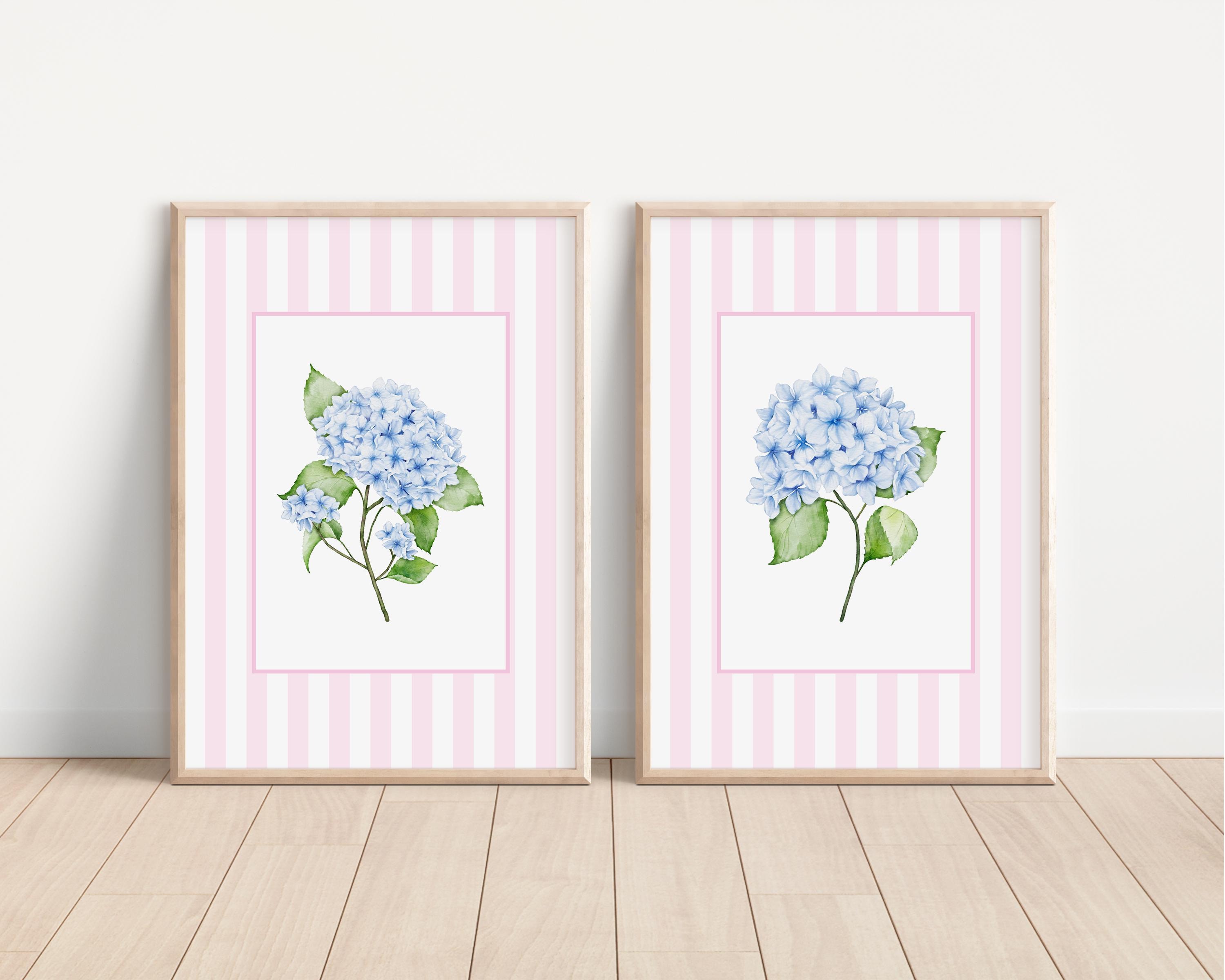 Pink Hydrangea Print Set of 2, Watercolour Coastal Wall Art
