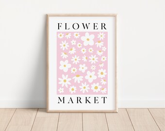 Pink Daisy Flower Market Print, Boho Floral Wall Art (Digital Download)