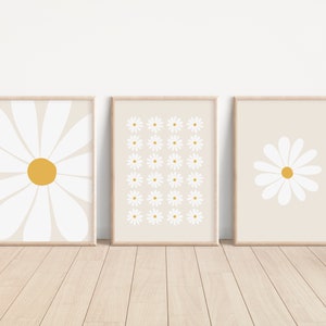 Juego de 3 impresiones de margaritas / arte de pared de margaritas, impresión de guardería, impresión de flores, juego de 3 impresiones beige, decoración de habitación de niñas neutra, ARTE DE PARED IMPRIMIBLE