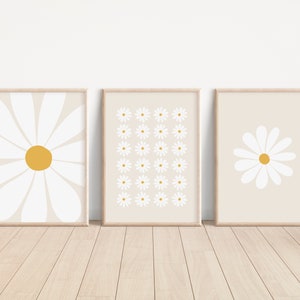 Daisy Print Set Of 3 / daisy wall art, nursery print, flower print, set of 3 beige prints, neutral girls room decor, PRINTABLE WALL ART