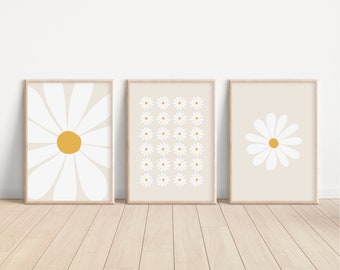 Daisy print set van 3 / madeliefje kunst aan de muur, kinderkamer print, bloemenprint, set van 3 beige prints, neutrale meisjeskamerinrichting, AFDRUKBARE WALL ART