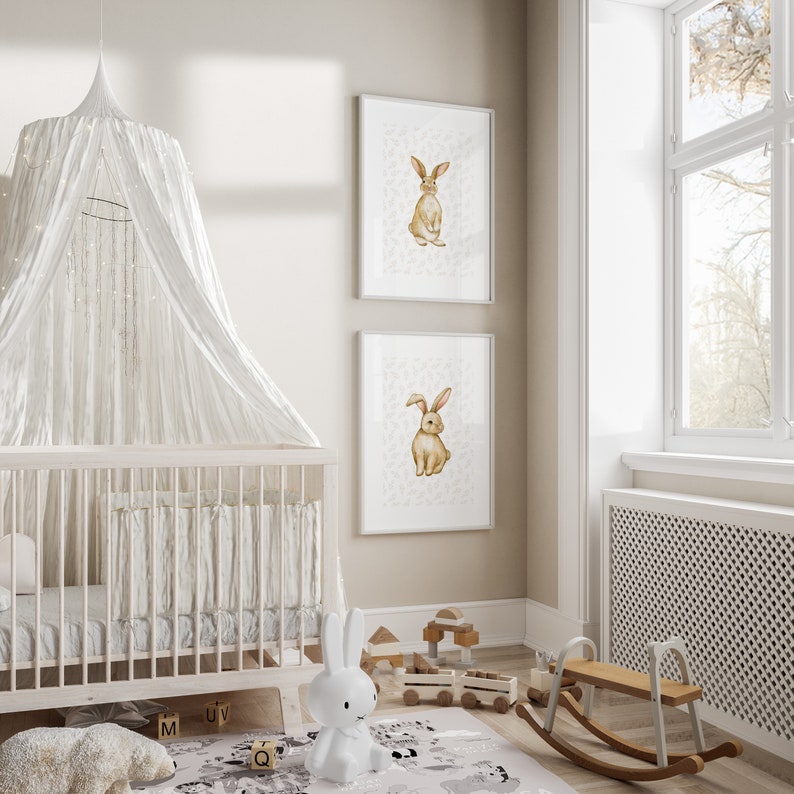 Bunny Nursery Print Set, Vintage Style Wall Art, Vintage Nursery Prints ...