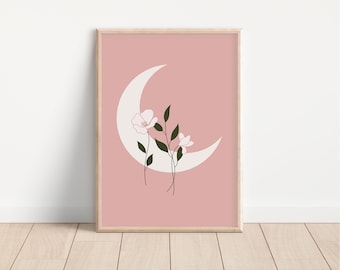 Moon And Flowers Wall Art // pink moon print, girls room prints, pink celestial wall art, moon wall art, girls room decor PRINTABLE WALL ART