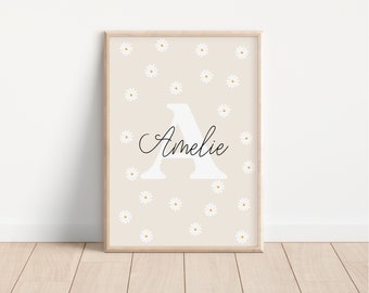 Personalised Daisy Nursery Print, Neutral Floral Wall Art, Personalised Girls Room Prints (Digital Download)