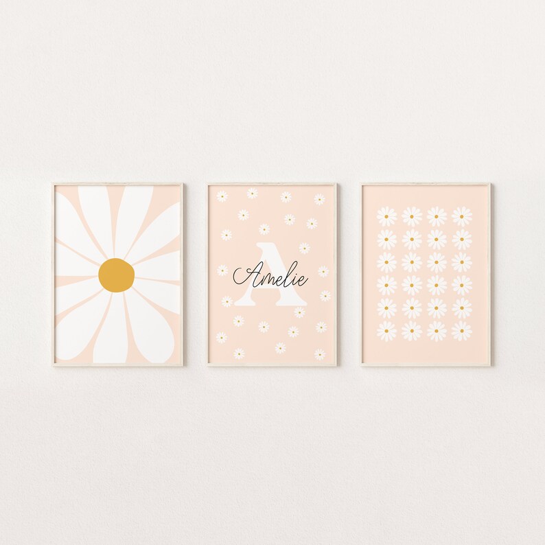 Daisy Nursery Print Set, Personalised Girls Room Prints, Daisy Wall Art ...