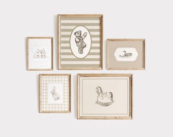 Vintage Nursery Print Set // neutral nursery gallery wall set of 5, gender neutral wall art, vintage kids room decor, PRINTABLE WALL ART