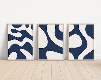 Láminas abstractas azul marino, juego de 3 láminas, arte mural moderno (descarga digital)