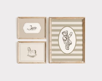 Vintage Nursery Print Set Of 3, Neutral Baby Room Wall Art, Cottage Style Nursery Prints (Digital Download)