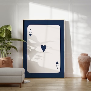 Modny nadruk Ace Of Hearts // nadruk asa, nadruk lucky you, plakat z kartami do gry, modna sztuka ścienna retro, sztuka ścienna w kolorze granatowym, DRUKOWANA SZTUKA ŚCIENNA