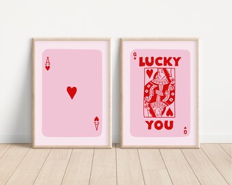 Queen & Ace Playing Card Print Set, Retro Lucky You Poster, Pink And Red Wall Art (Digital Download)