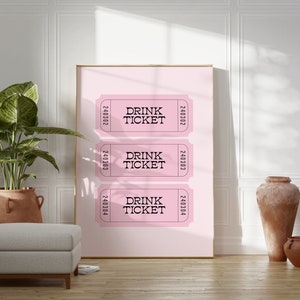 Drankkaartje print // retro ticket print, drankjes print, trendy ticket kunst aan de muur, barwagen print, roze ticket print, AFDRUKBARE WALL ART