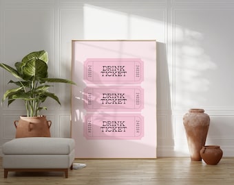 Drink Ticket Print // retro ticket print, drinks print, trendy ticket wall art, bar cart print, pink ticket print, PRINTABLE WALL ART