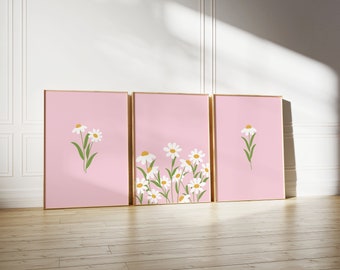 Pink Daisy Print Set of 3, Floral Nursery Art, Girls Room Print Set (Printable)