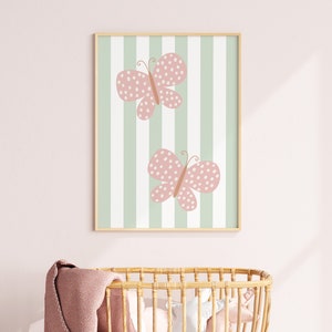 Roze vlinder kunst aan de muur / schattige vlinderprint, print meisjes kinderkamer, meisjeskamer prints, gestreepte print, speelkamer decor AFDRUKBARE WALL ART
