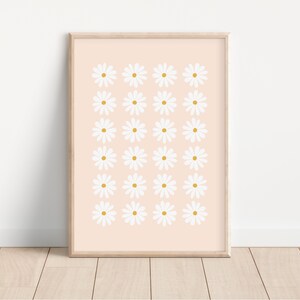 May include: A digital print featuring a repeating pattern of white daisies with yellow centers on a light pink background.