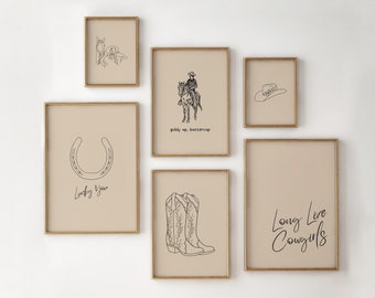 Cowgirl Print Set Of 6 // western art print, cowboy hat print, cowgirl prints, cowboy boots wall art, dorm room wall art, PRINTABLE WALL ART