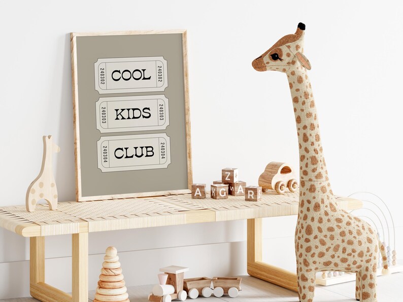 Typography wall art featuring three stacked ticket style designs with the words “Cool Kids Club” in bold black lettering on a neutral taupe background. Minimalist modern graphic print with a playful, retro inspired feel. This listing is for a digital download only. No physical print or frame included.
