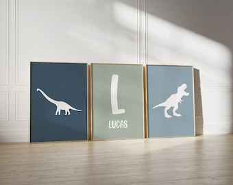 Spersonalizowany zestaw 3 nadruków z dinozaurami do pokoju dziecięcego, grafika ścienna do pokoju chłopca, nadruki z dinozaurami (do pobrania w wersji cyfrowej)