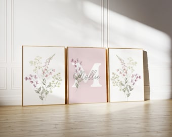 Wildflower Print Set Of 3, wildflower wall art, nursery print, personalised name print, flower print, girls room prints (Digital Download)