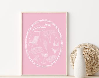 Pink Summer Beach Print, Coastal Wall Art (Digital Download)