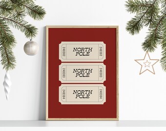 North Pole Ticket Print, Red Christmas Wall Art, Festive Holiday Printable (Digital Download)