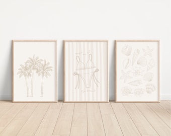 Coastal Set Of 3 Prints, Neutral Beach Wall Art, Neutral Coastal Prints (Digital Download)