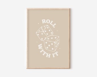 Roll With It Print // dice print, lucky you print, lucky dice poster, trendy retro wall art, neutral beige wall art, PRINTABLE WALL ART