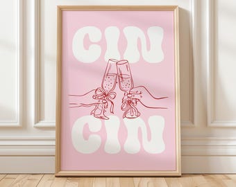 Impresión de champán Cin Cin, arte mural de carrito de bar rosa (descarga digital)