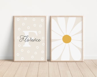Personalised Daisy Print Set of 2, Personalised Girls Room Wall Art, Neutral Girls Room Prints, Daisy Wall Art (Digital Download)