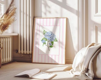 Pink Hydrangea Wall Art, Blue Floral Watercolour Print, Coastal Decor (Digital Download)