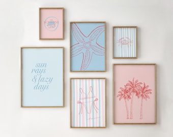 Coastal Print Set, Pink & Blue Summer Wall Art, Beach Prints
