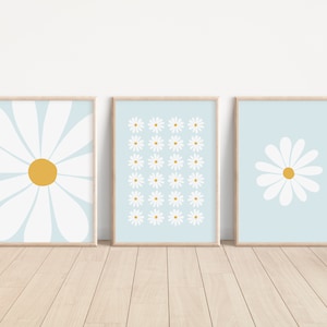 Daisy Print Set Of 3 / daisy wall art, nursery print, flower print, set of 3 blue prints, blue wall art, girls room decor PRINTABLE WALL ART