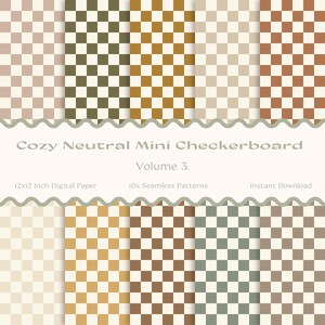 Puede incluir: Patrones de papel digital con un diseño de mini tablero de ajedrez en tonos neutros. Los patrones incluyen cuadrados beige, marrones, verdes y dorados. El texto dice "Cozy Neutral Mini Checkerboard Volume 3. 12x12 Inch Digital Paper 10x Seamless Patterns Instant Download."