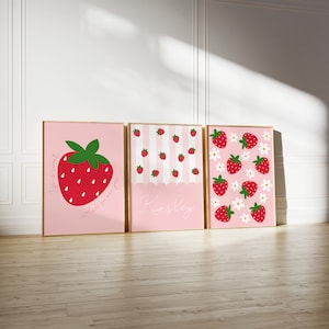 Juego de 3 impresiones de fresas / arte de pared de fresas, impresiones rosas para guardería, impresiones personalizadas, decoración personalizada para habitación de niñas ARTE DE PARED IMPRIMIBLE
