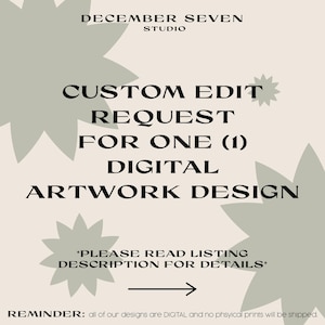 May include: A digital artwork design request form with the text "CUSTOM EDIT REQUEST FOR ONE (1) DIGITAL ARTWORK DESIGN" and "PLEASE READ LISTING DESCRIPTION FOR DETAILS" in black text on a light beige background with green star shapes.