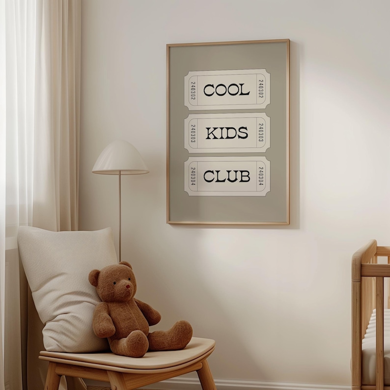 Typography wall art featuring three stacked ticket style designs with the words “Cool Kids Club” in bold black lettering on a neutral taupe background. Minimalist modern graphic print with a playful, retro inspired feel. This listing is for a digital download only. No physical print or frame included.