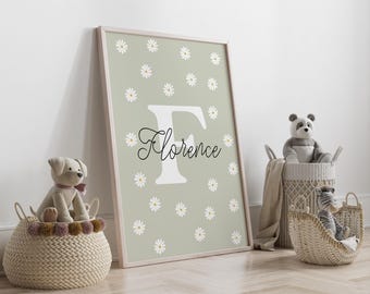 Personalised Daisy Print, sage green nursery print, personalised girls nursery print, nursery decor, sage girls wall art (Digital Download)