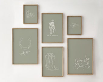 Set di 6 stampe di cowgirl, arte murale western in salvia (download digitale)
