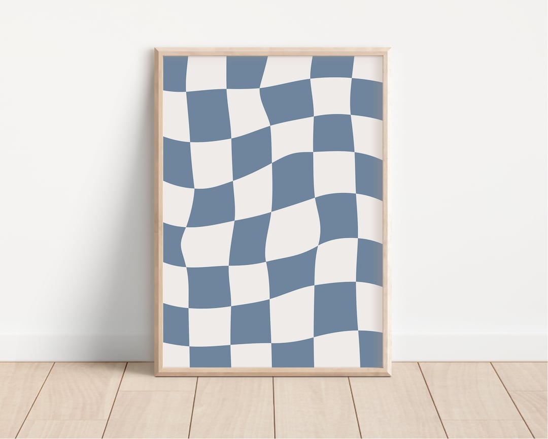 Blue Wavy Checkerboard Print, Checkered Wall Art, Blue Retro Prints ...