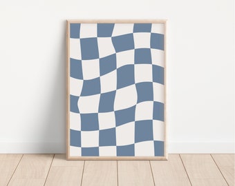 Blue Wavy Checkerboard Print, Checkered Wall Art, Blue Retro Prints (Digital Download)