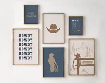 Juego de 6 láminas infantiles con temática vaquera, decoración para habitación infantil de niño con estilo western, arte mural personalizado para habitación infantil, juego de láminas vaqueras (descarga digital)