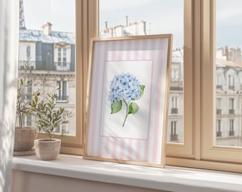 Pink Hydrangea Wall Art, Blue Floral Watercolour Print, Coastal Home Decor (Digital Download)