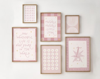 Personalised Girls Room Set Of 6 Prints, Girls Pink Wall Art Set, Girls Nursery Print Set (Digital Download)