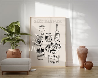 Girl Dinner Print // aesthetic kitchen decor, fun dorm wall art, fun apartment wall art, food art print, dinner poster, PRINTABLE WALL ART