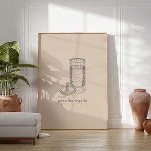 Pass The Tequila Print / tequila print, drankjes print, bar print, bar accessoires, bar cart kunst, shots poster, shots print AFDRUKBARE WALL ART