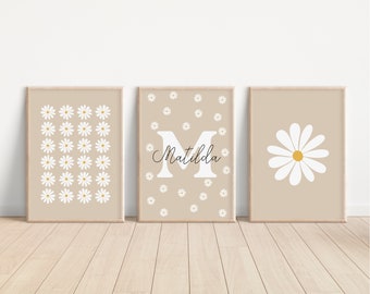 Gänseblümchen Kinderzimmer Print-Set, personalisierte Name Wandkunst, Mädchenzimmer Drucke, neutrale Kinderzimmer Wandkunst (Digitaler Download)